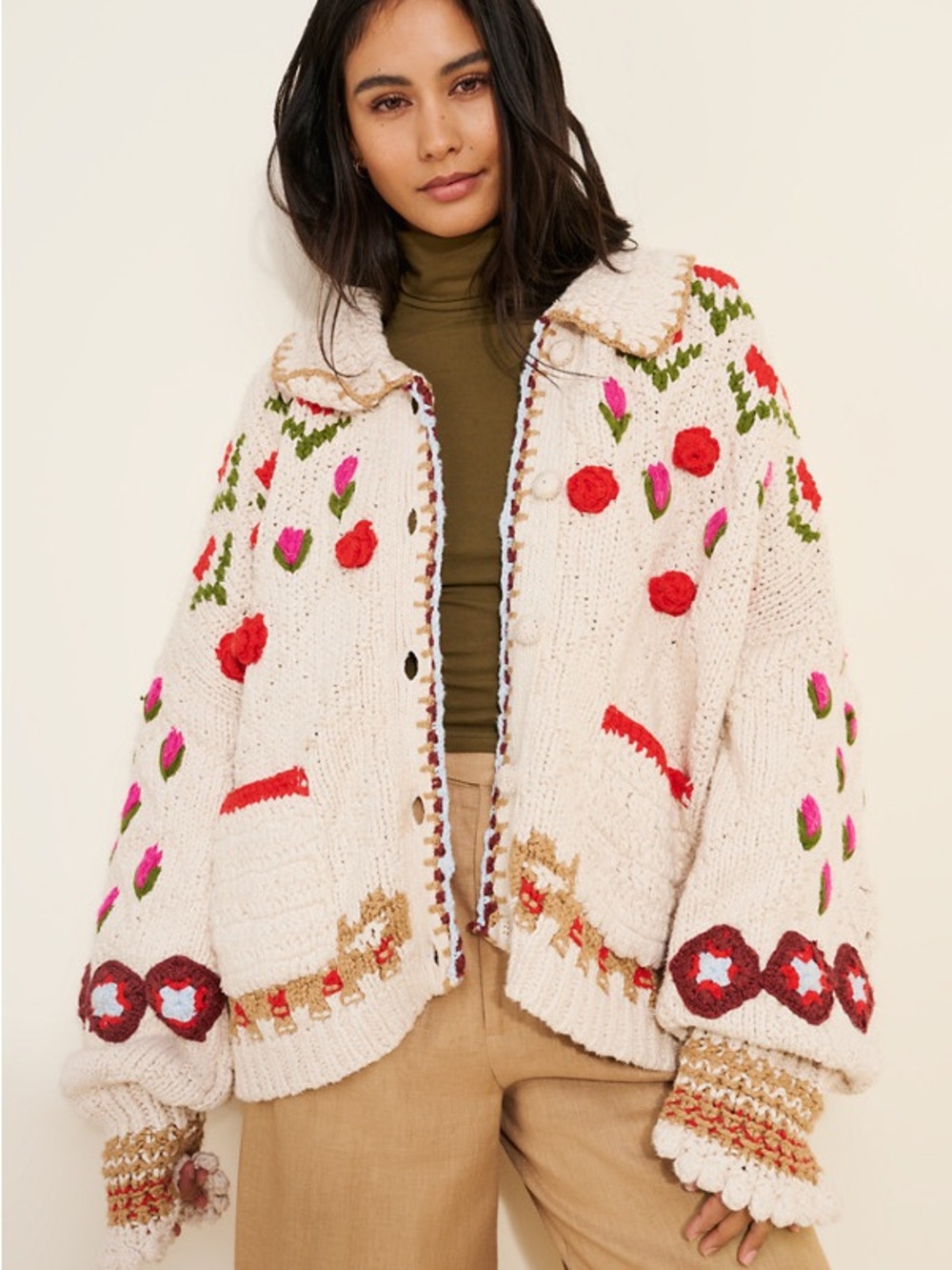 Free People chunky Cream Crochet Teddy Jacket with Red & Pink Floral Accents